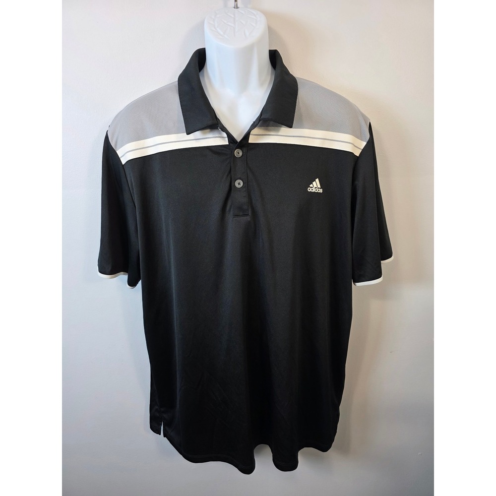 Adidas Golf Polo Shirt Mens XL Black Grey White Striped Short Sleeve Performance